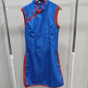 Blue Sleeveless Dress with Red Trim